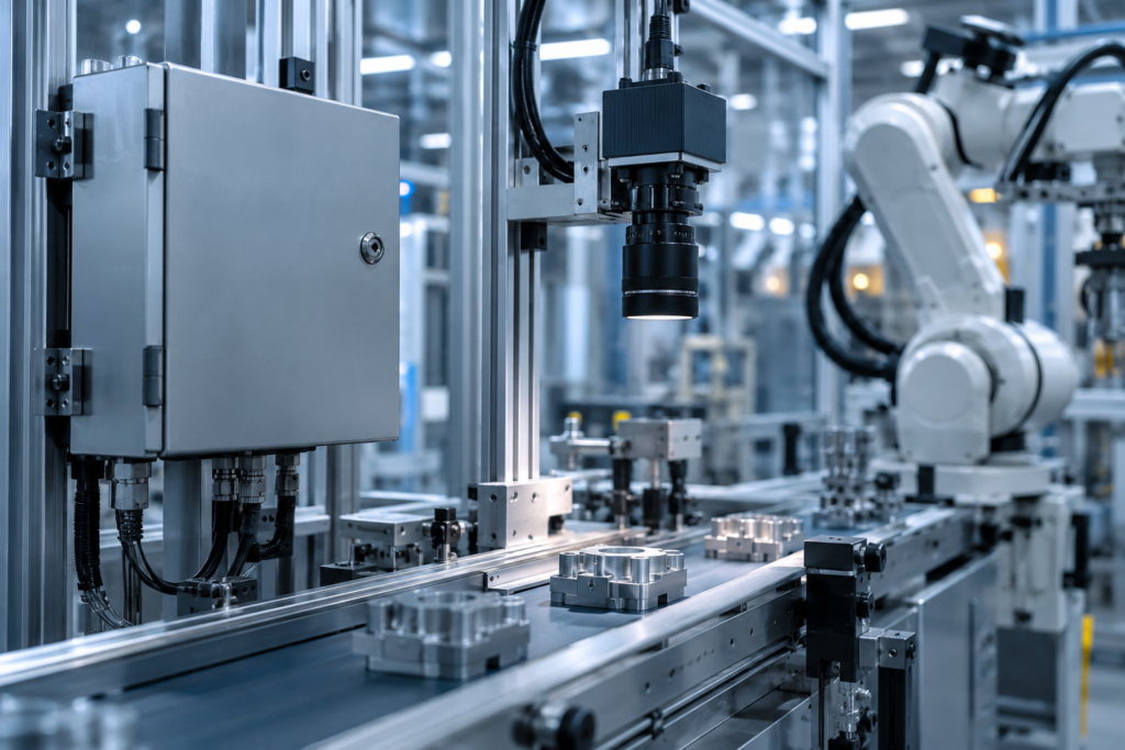 A sealed industrial enclosure mounted beside a machine vision camera and robotic arm on a factory floor.