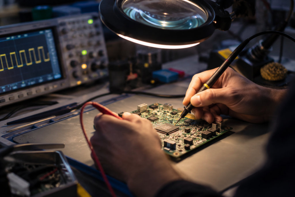 An oscilloscope probe held against a small densely populated circuit board on a lab bench.